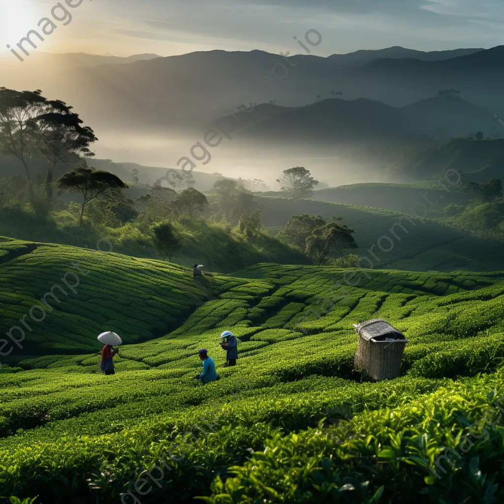 Tea workers harvesting leaves in a misty plantation at dawn - Image 2