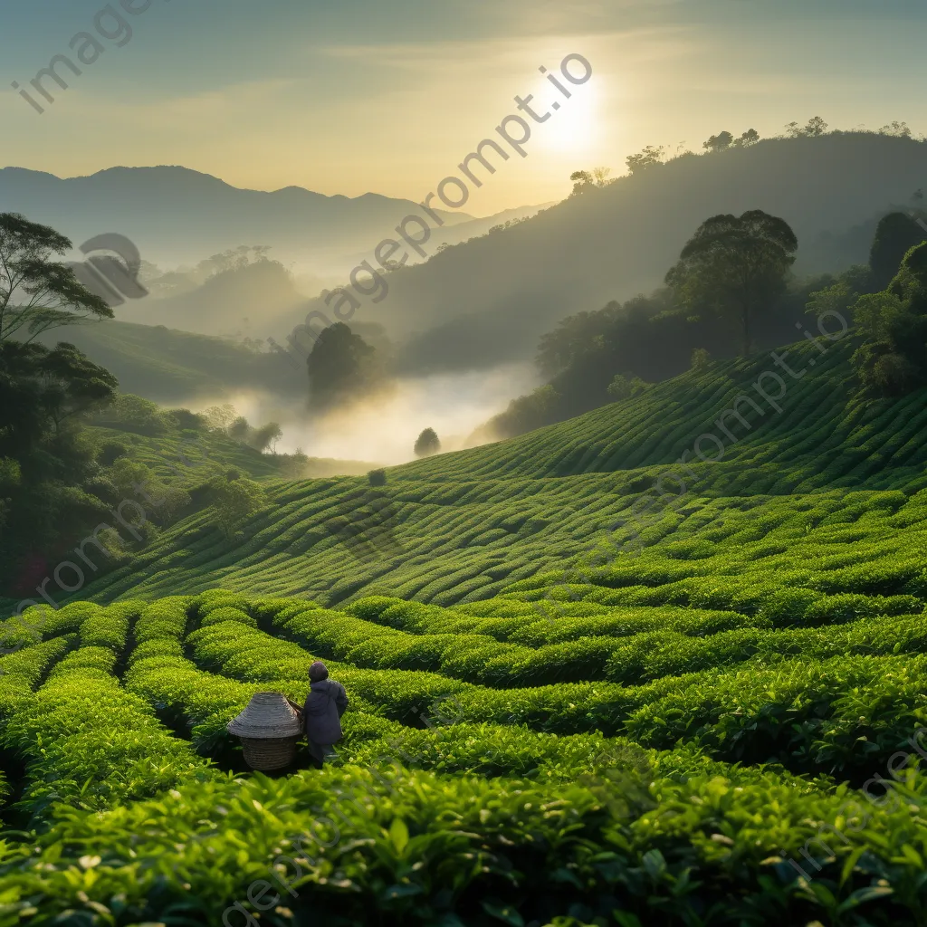 Tea workers harvesting leaves in a misty plantation at dawn - Image 3