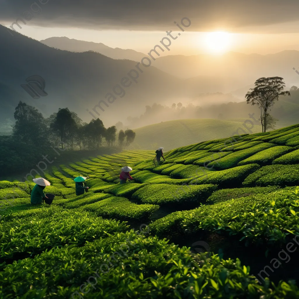 Tea workers harvesting leaves in a misty plantation at dawn - Image 4