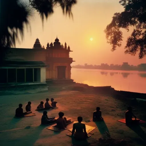 Yoga Students practicing at an outdoor ashram by the Ganges river during sunrise - Image 1