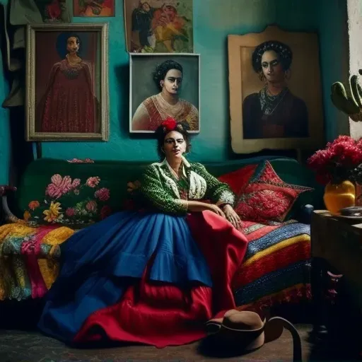 Frida Kahlo in art-filled home immersed in art creation - Image 1