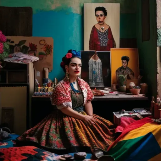 Frida Kahlo in art-filled home immersed in art creation - Image 2