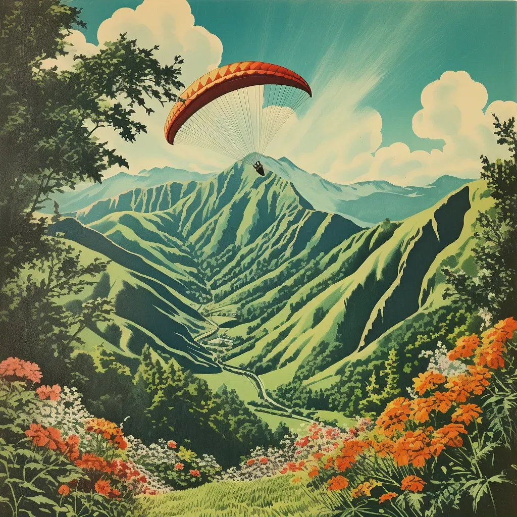 Paraglider flying over green mountains - Image 1