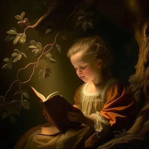 Young girl reading a storybook under a grand old tree symbolizing the joy of learning - Image 1