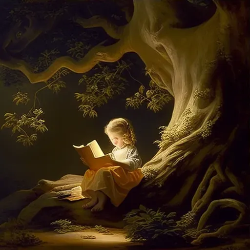 Young girl reading a storybook under a grand old tree symbolizing the joy of learning - Image 3