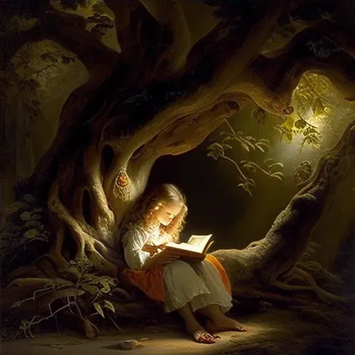 Young girl reading a storybook under a grand old tree symbolizing the joy of learning - Image 4