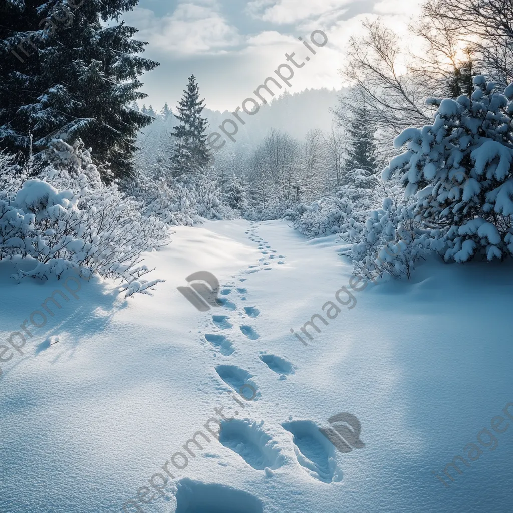 Winter hiking trail with footprints leading through a snowy landscape. - Image 1