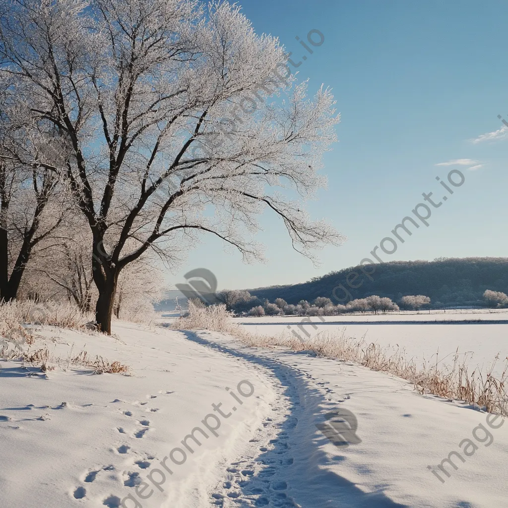 Winter hiking trail with footprints leading through a snowy landscape. - Image 2