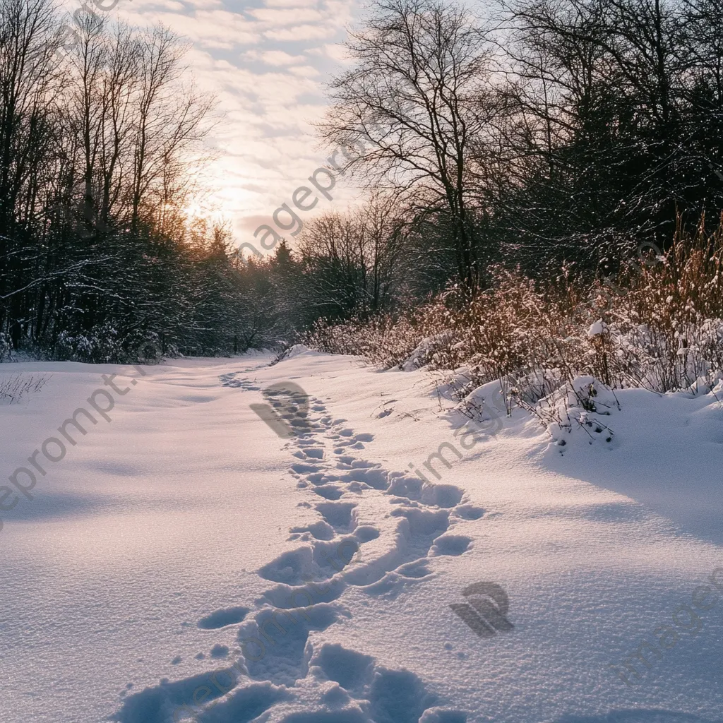 Winter hiking trail with footprints leading through a snowy landscape. - Image 4