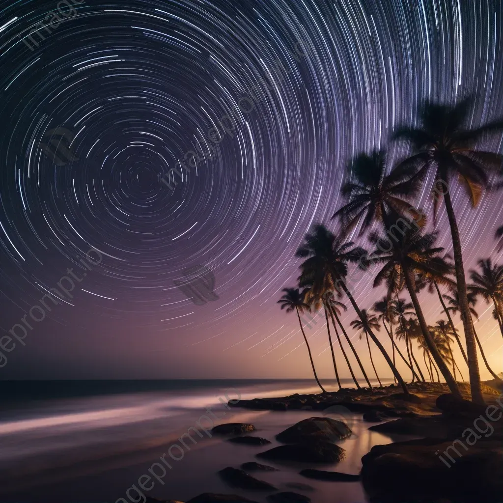 Spectacular star trails above a serene beach at night with palm trees - Image 1