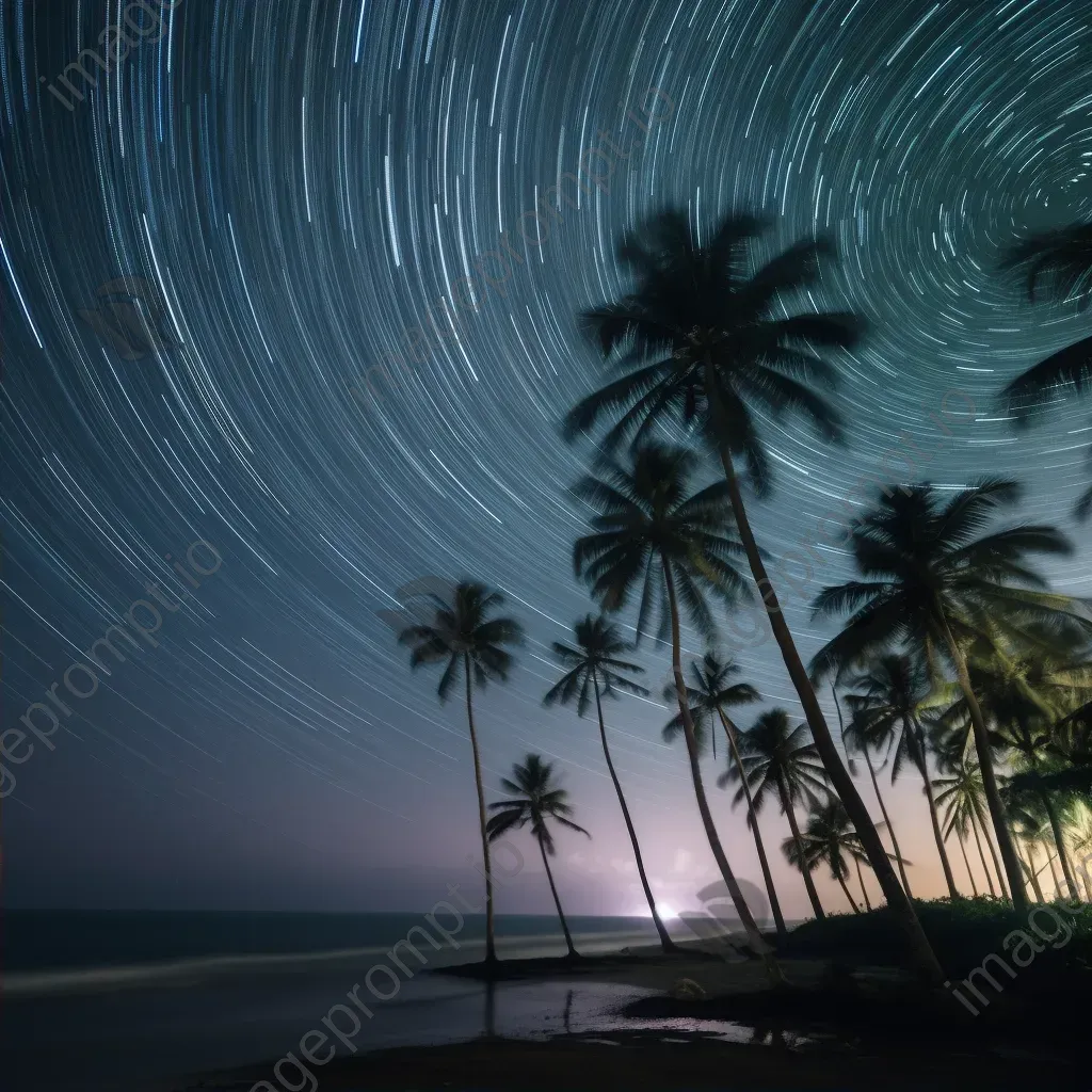 Spectacular star trails above a serene beach at night with palm trees - Image 2