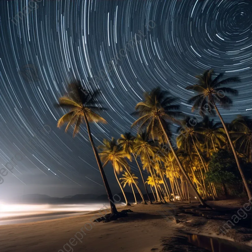 Spectacular star trails above a serene beach at night with palm trees - Image 3