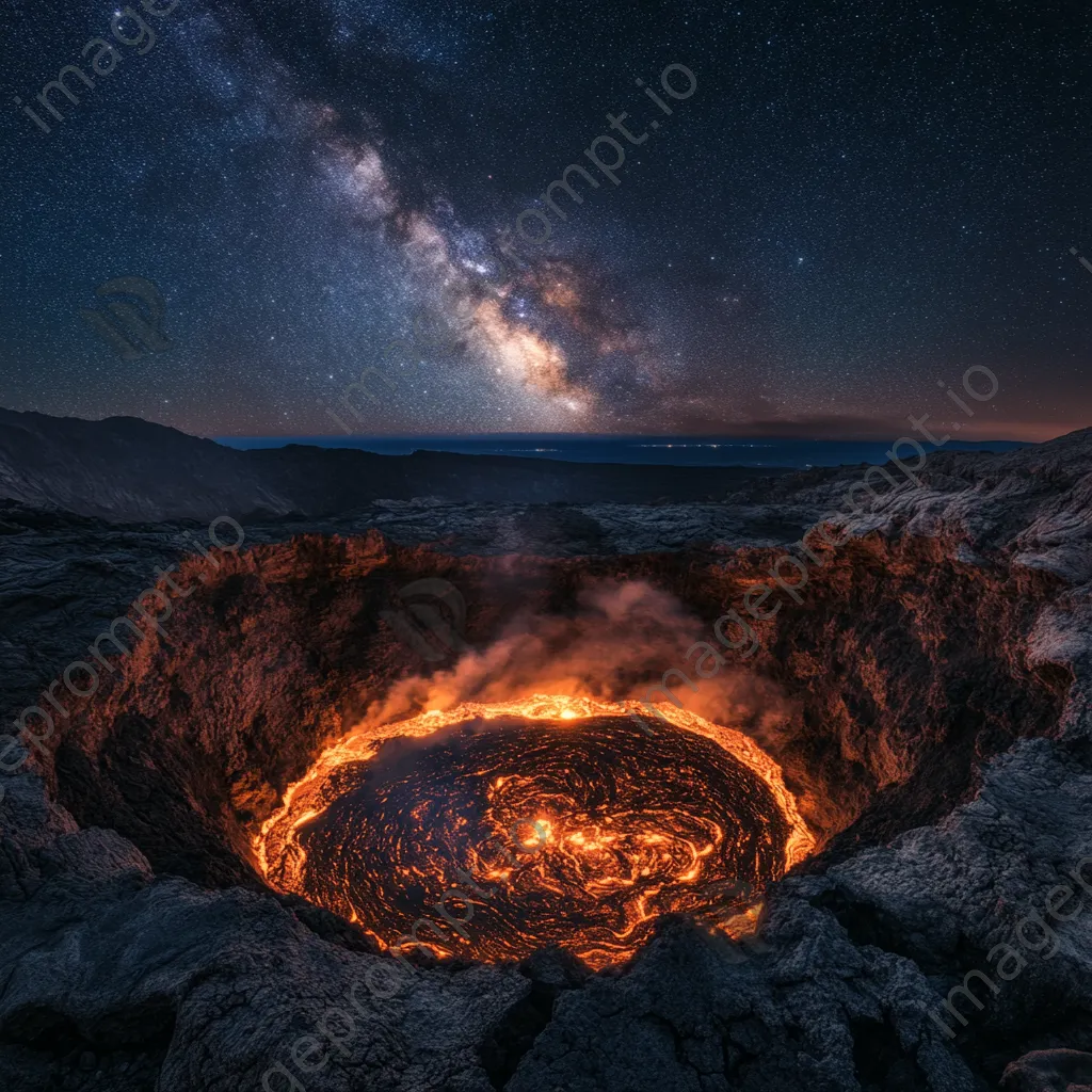 Wide-angle view of a glowing molten lava lake at night with a starry sky - Image 1