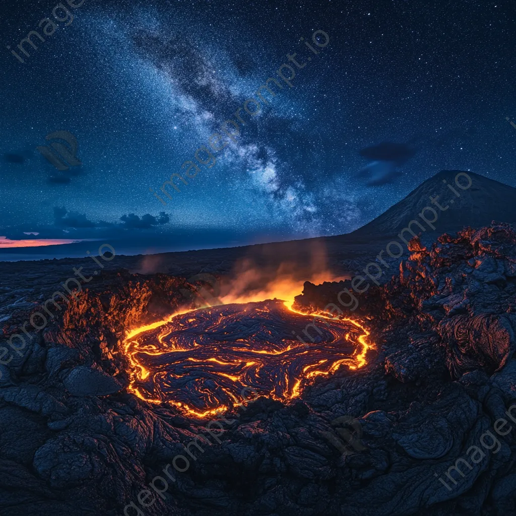 Wide-angle view of a glowing molten lava lake at night with a starry sky - Image 2