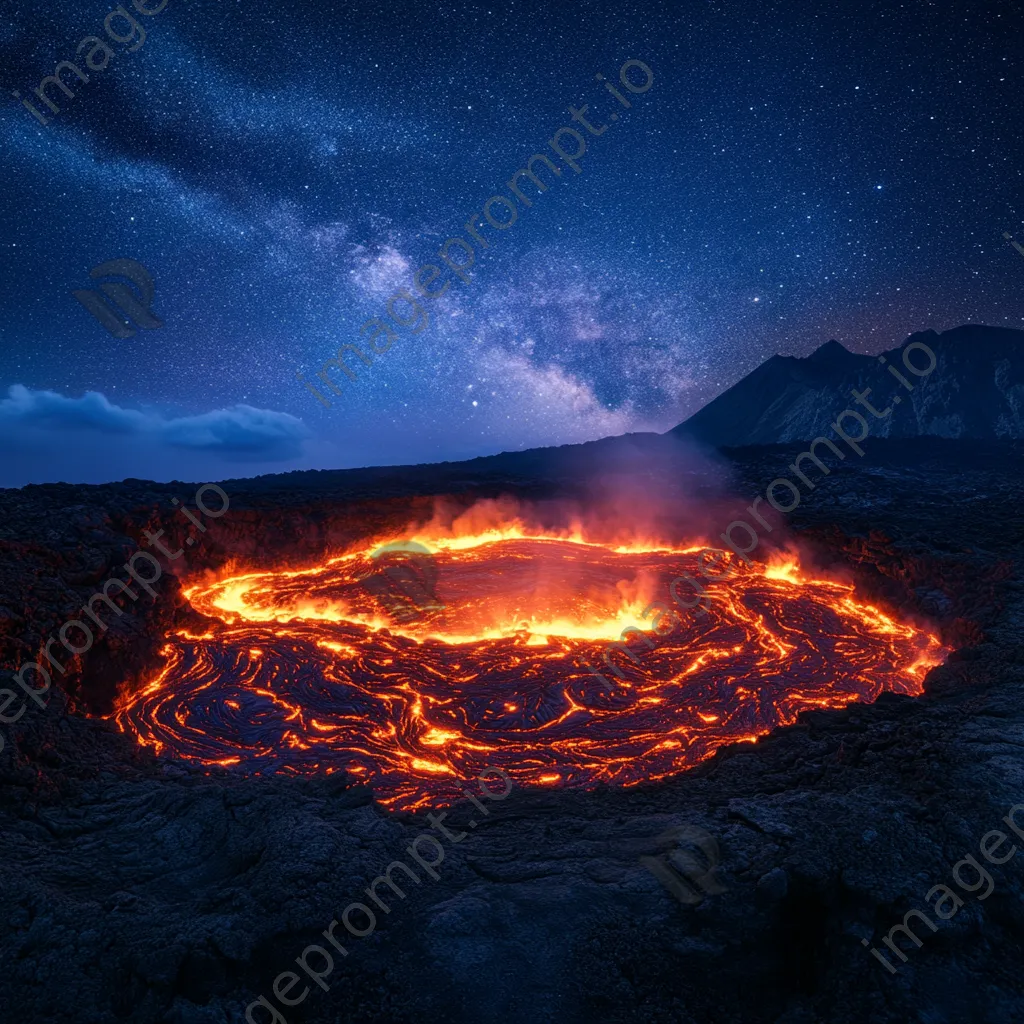 Wide-angle view of a glowing molten lava lake at night with a starry sky - Image 3