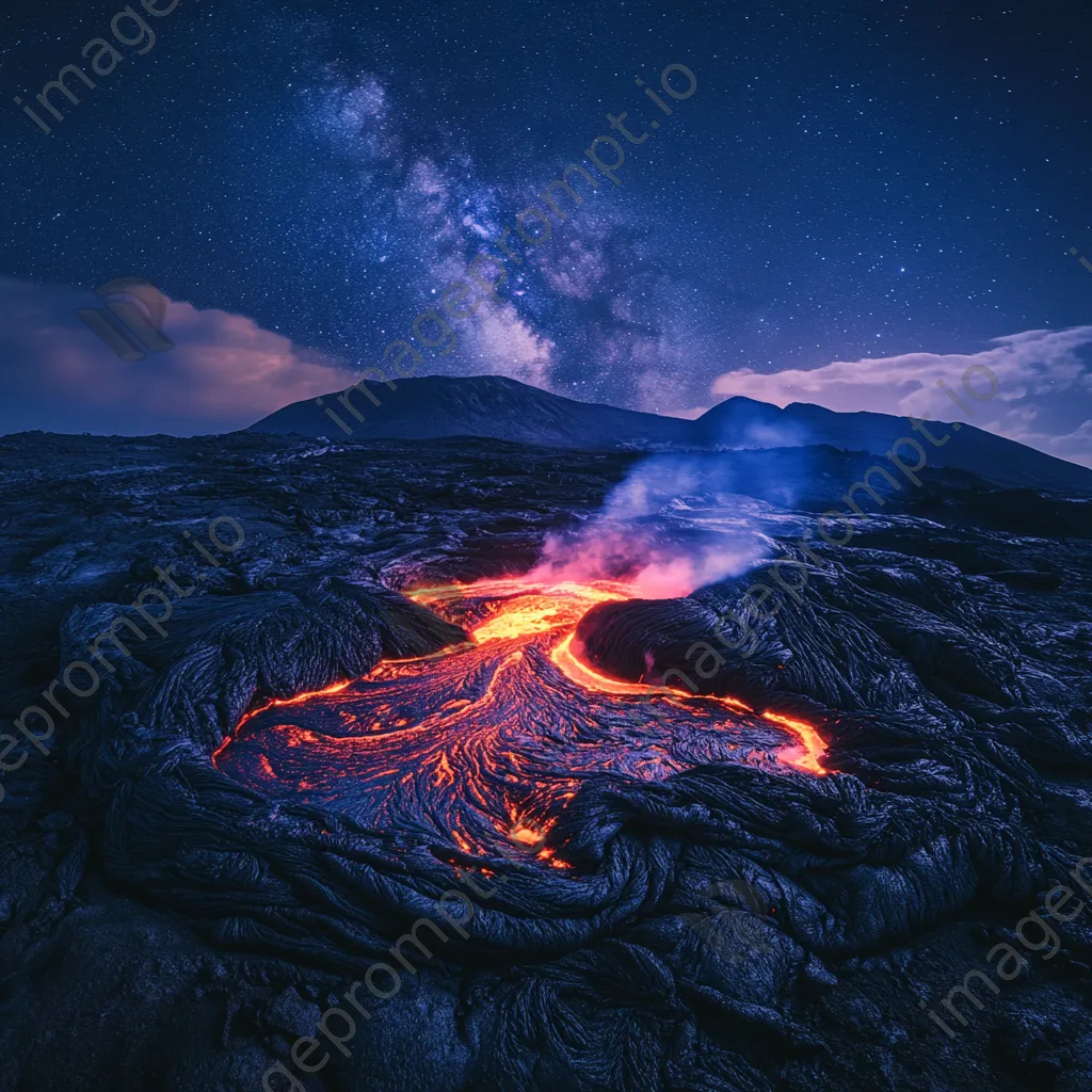 Wide-angle view of a glowing molten lava lake at night with a starry sky - Image 4