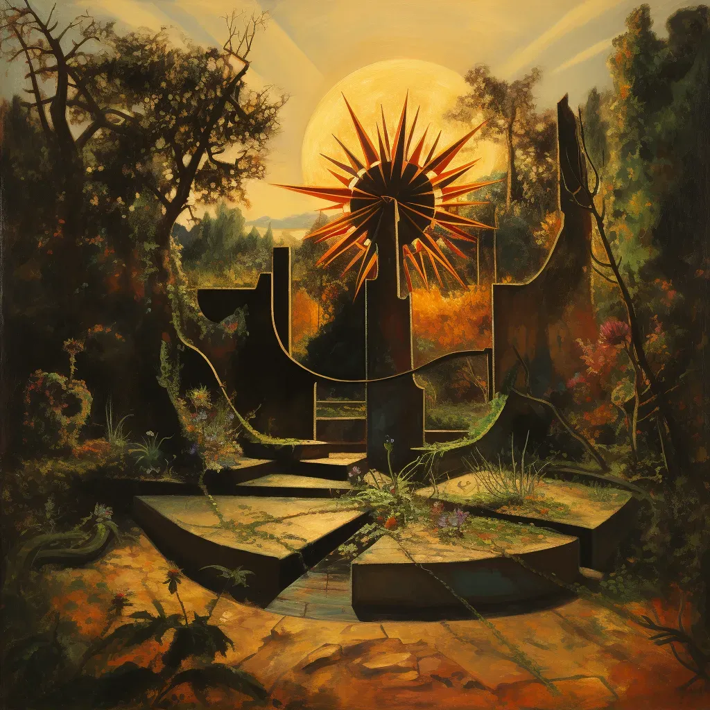 Massive sundial casting long shadow in abandoned garden at sunset - Image 2