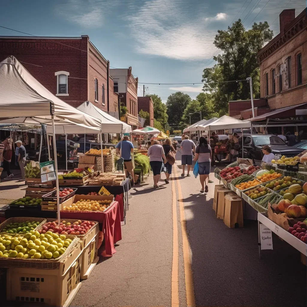 Small town street market with vendors selling fresh produce and goods in a bustling atmosphere - Image 1