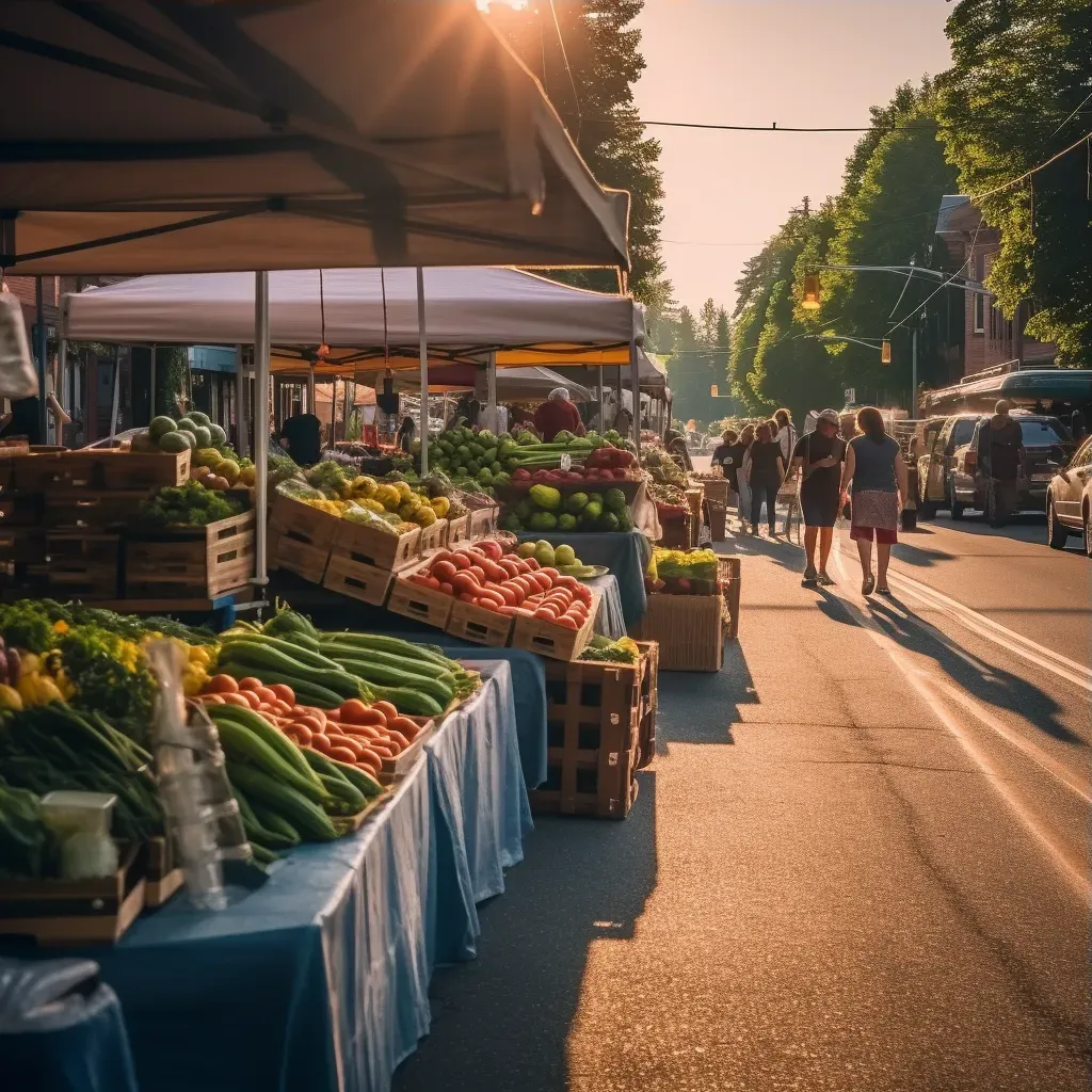 Small town street market with vendors selling fresh produce and goods in a bustling atmosphere - Image 3