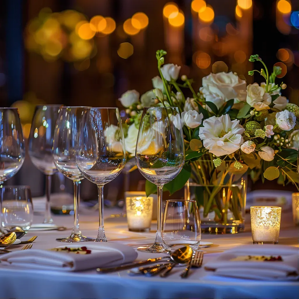 Fine dining table with wine glasses, cutlery, and floral decor, shot on Nikon D750 - Image 1