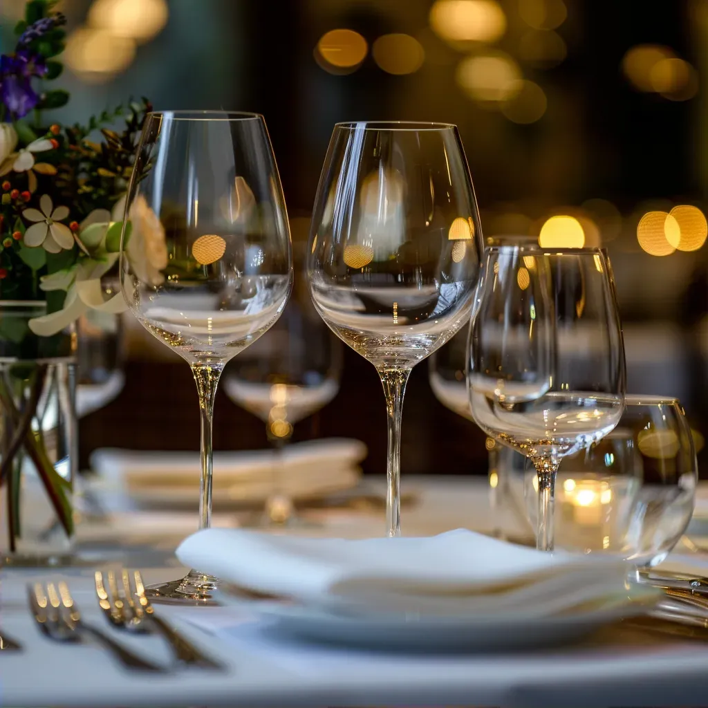 Fine dining table with wine glasses, cutlery, and floral decor, shot on Nikon D750 - Image 2