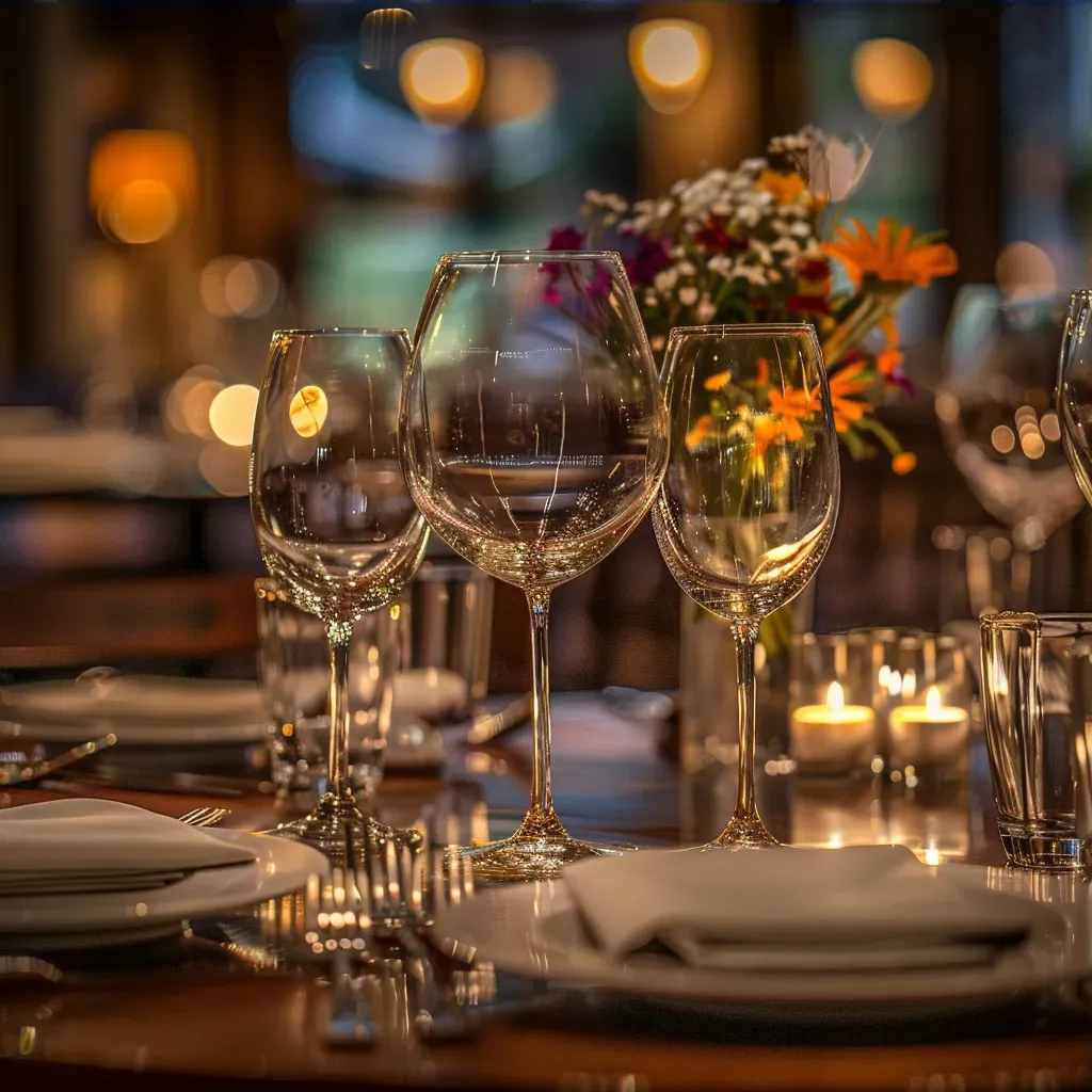 Fine dining table with wine glasses, cutlery, and floral decor, shot on Nikon D750 - Image 3