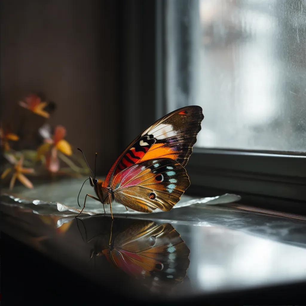 Image of a vibrant butterfly with its reflection as a dull moth on a window - Image 2