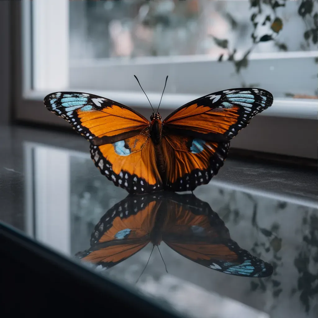 Image of a vibrant butterfly with its reflection as a dull moth on a window - Image 3