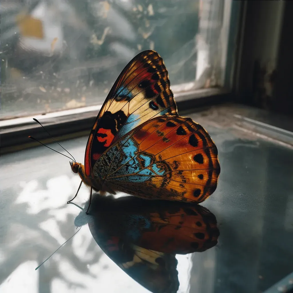 Image of a vibrant butterfly with its reflection as a dull moth on a window - Image 4