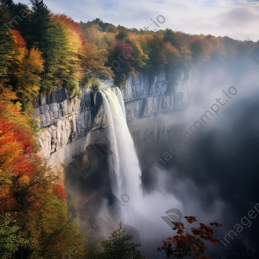 Waterfall with a rainbow falling over cliffs and autumn trees - Image 1