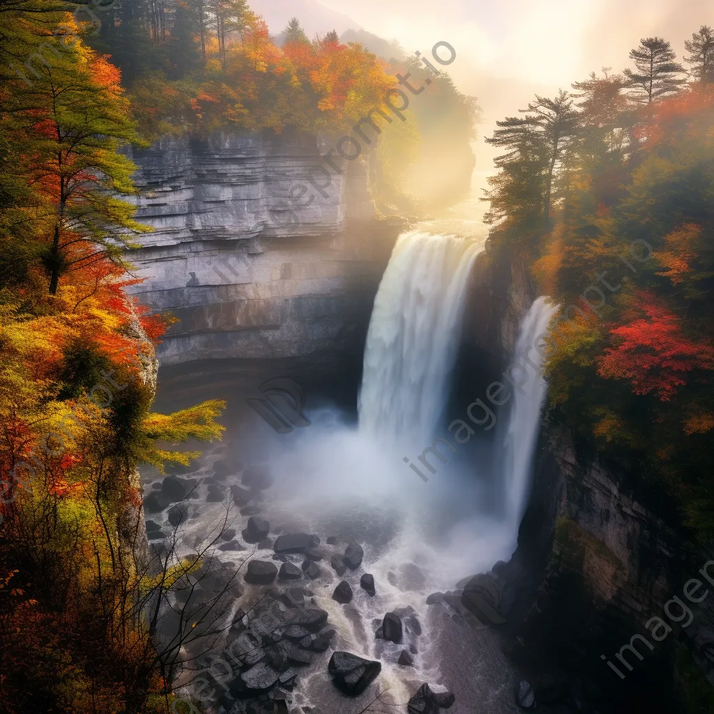 Waterfall with a rainbow falling over cliffs and autumn trees - Image 2