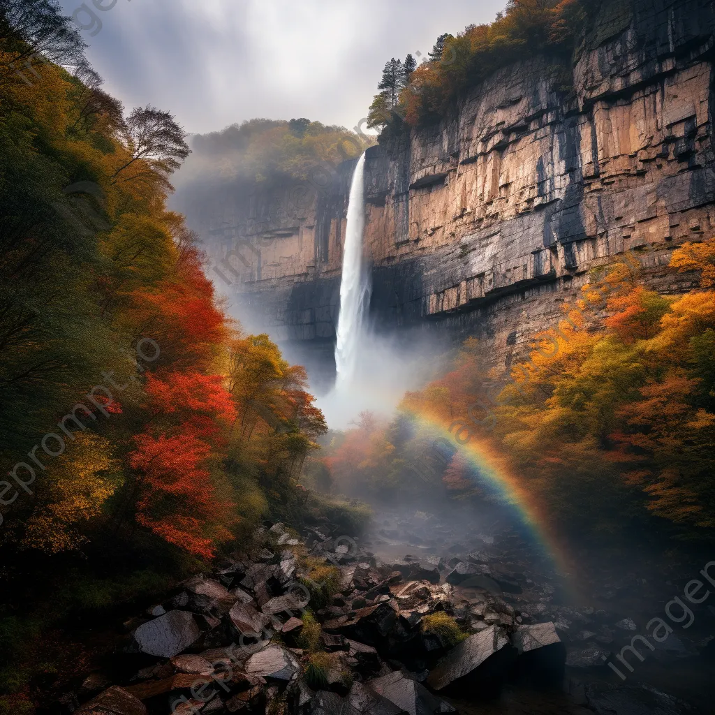 Waterfall with a rainbow falling over cliffs and autumn trees - Image 3