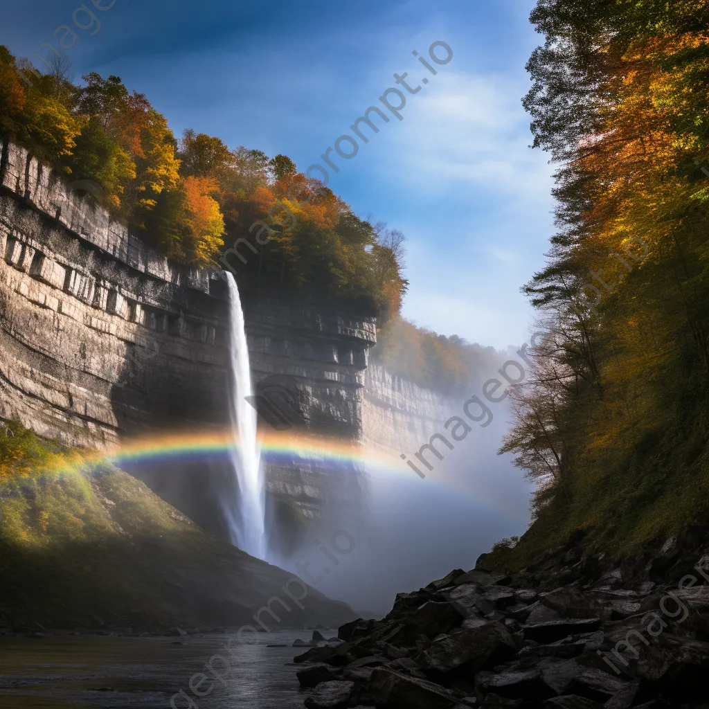 Waterfall with a rainbow falling over cliffs and autumn trees - Image 4