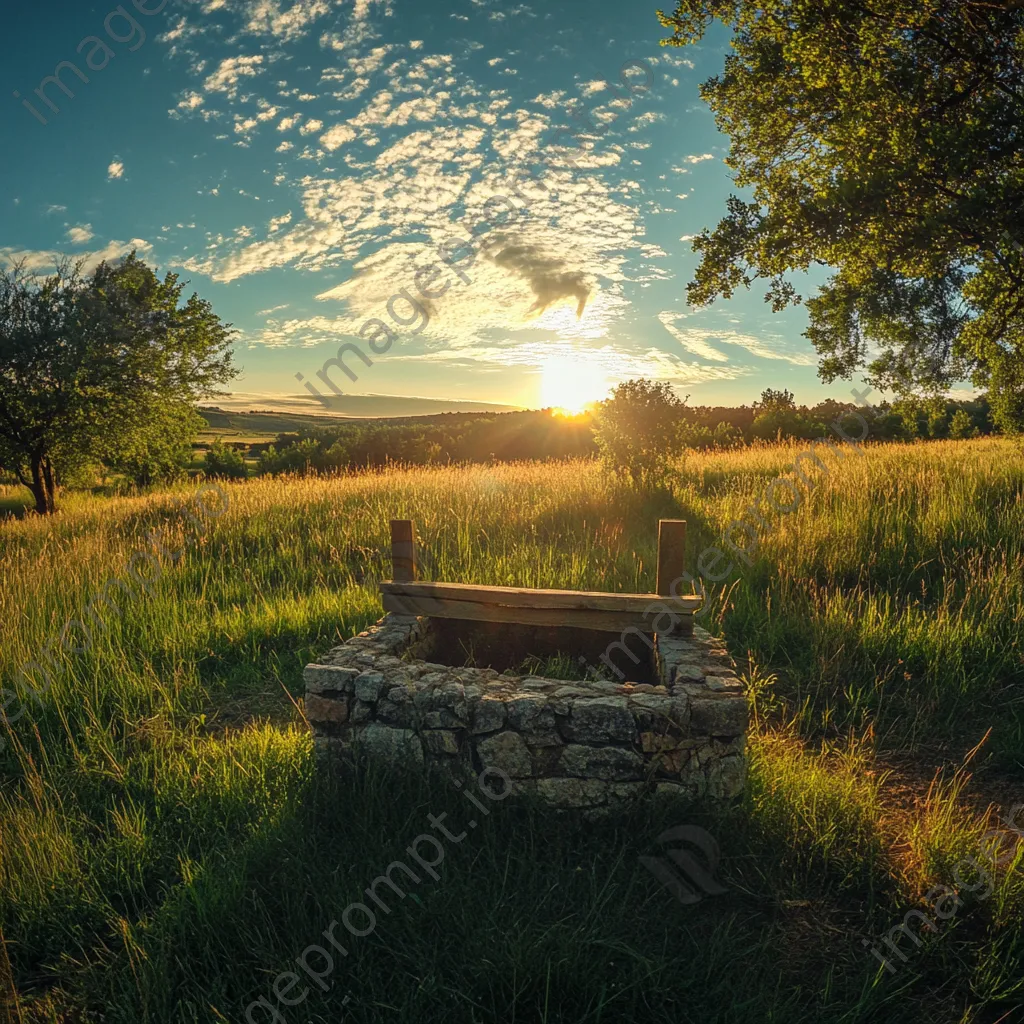 Traditional well in a sunlit meadow with wooden and stone features - Image 1