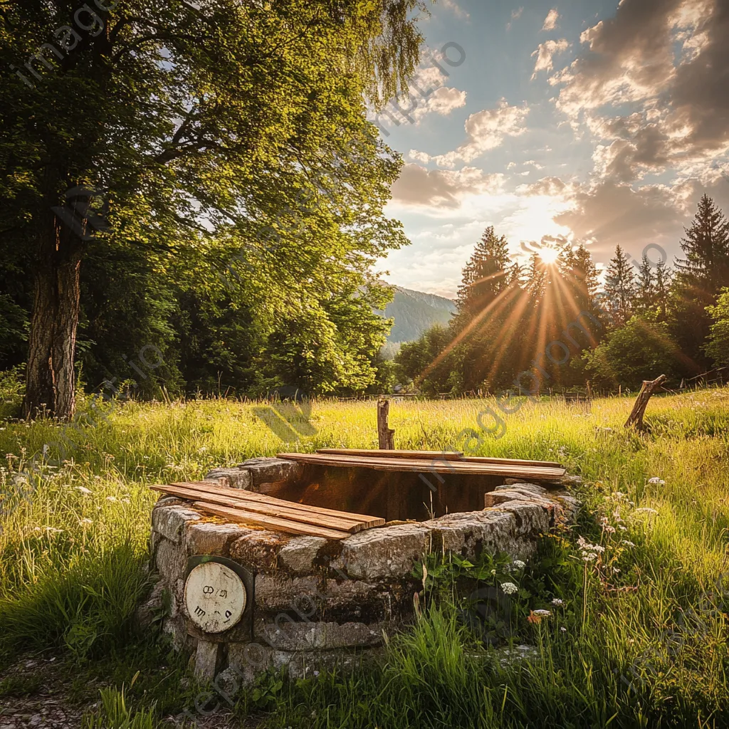 Traditional well in a sunlit meadow with wooden and stone features - Image 2