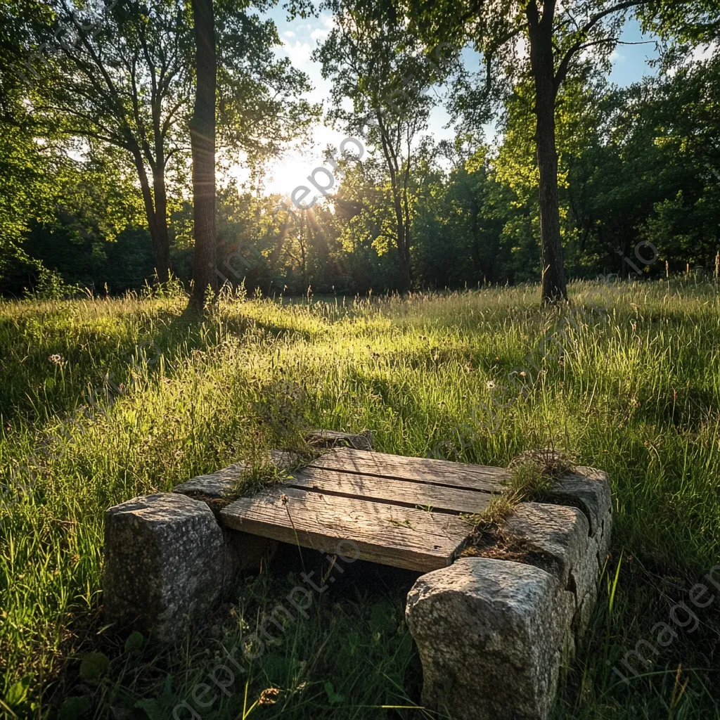 Traditional well in a sunlit meadow with wooden and stone features - Image 3