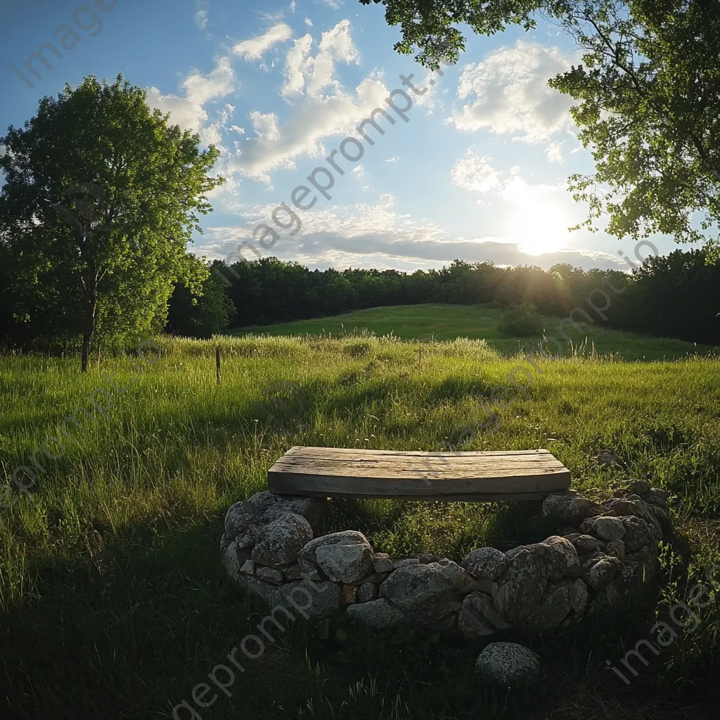 Traditional well in a sunlit meadow with wooden and stone features - Image 4