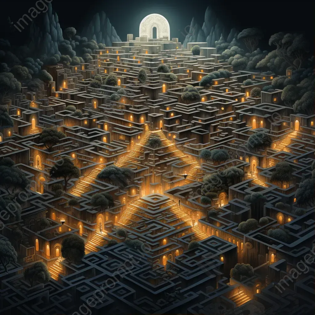 Digital artwork demonstrating a shifting labyrinth changing with the viewer