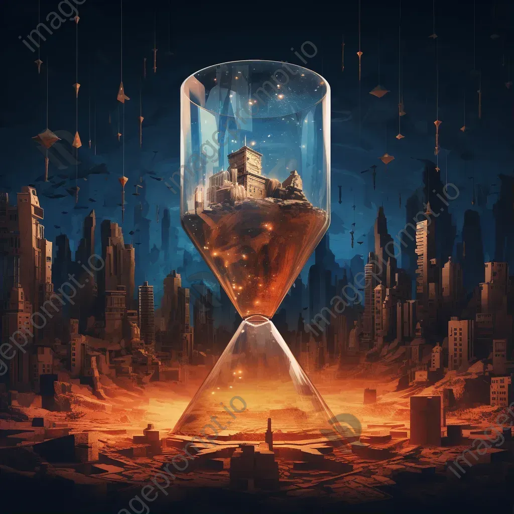 Low poly digital art of a city caught in the confines of an hourglass - Image 1