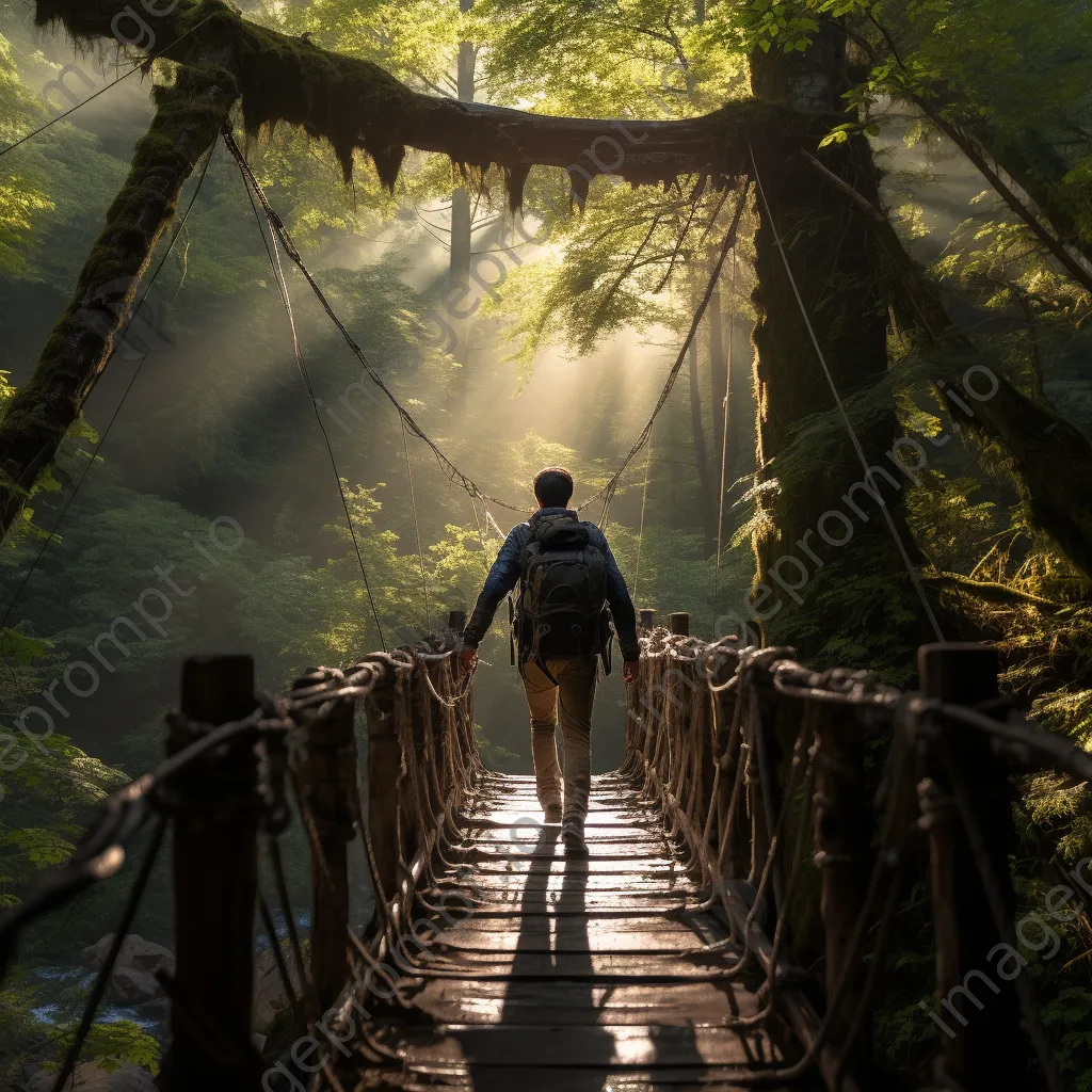 Hiker crossing a rope bridge in a dense forest - Image 2