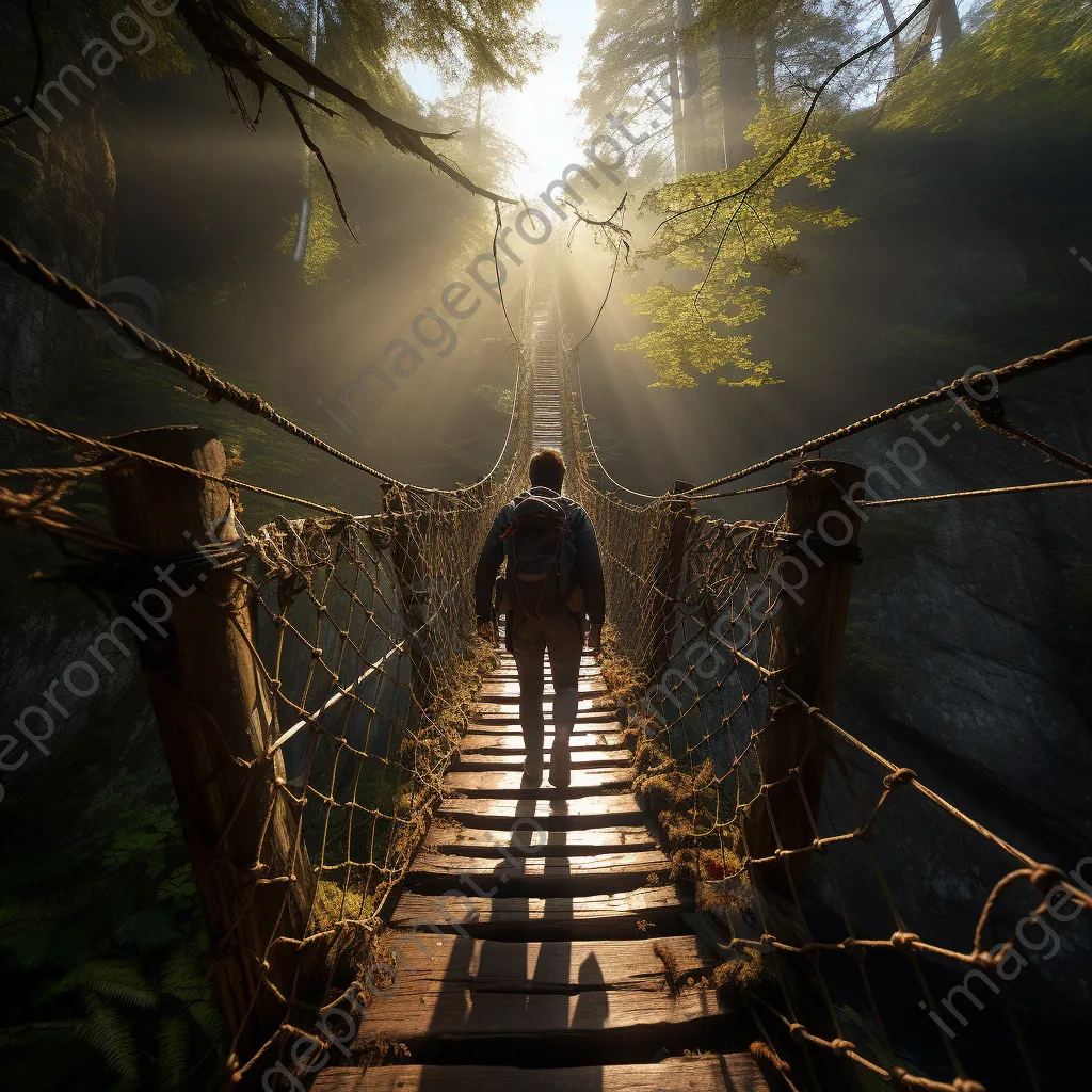 Hiker crossing a rope bridge in a dense forest - Image 3