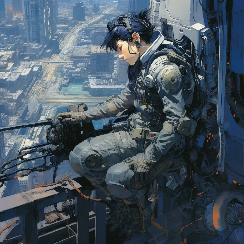 Digital art of an engineer in a mech suit fixing a space elevator cable with Earth in the background - Image 1