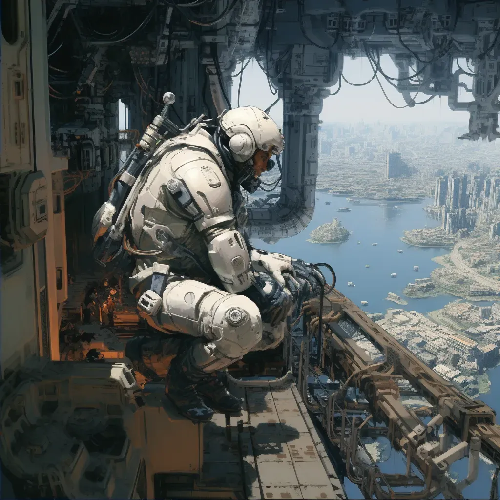 Digital art of an engineer in a mech suit fixing a space elevator cable with Earth in the background - Image 2