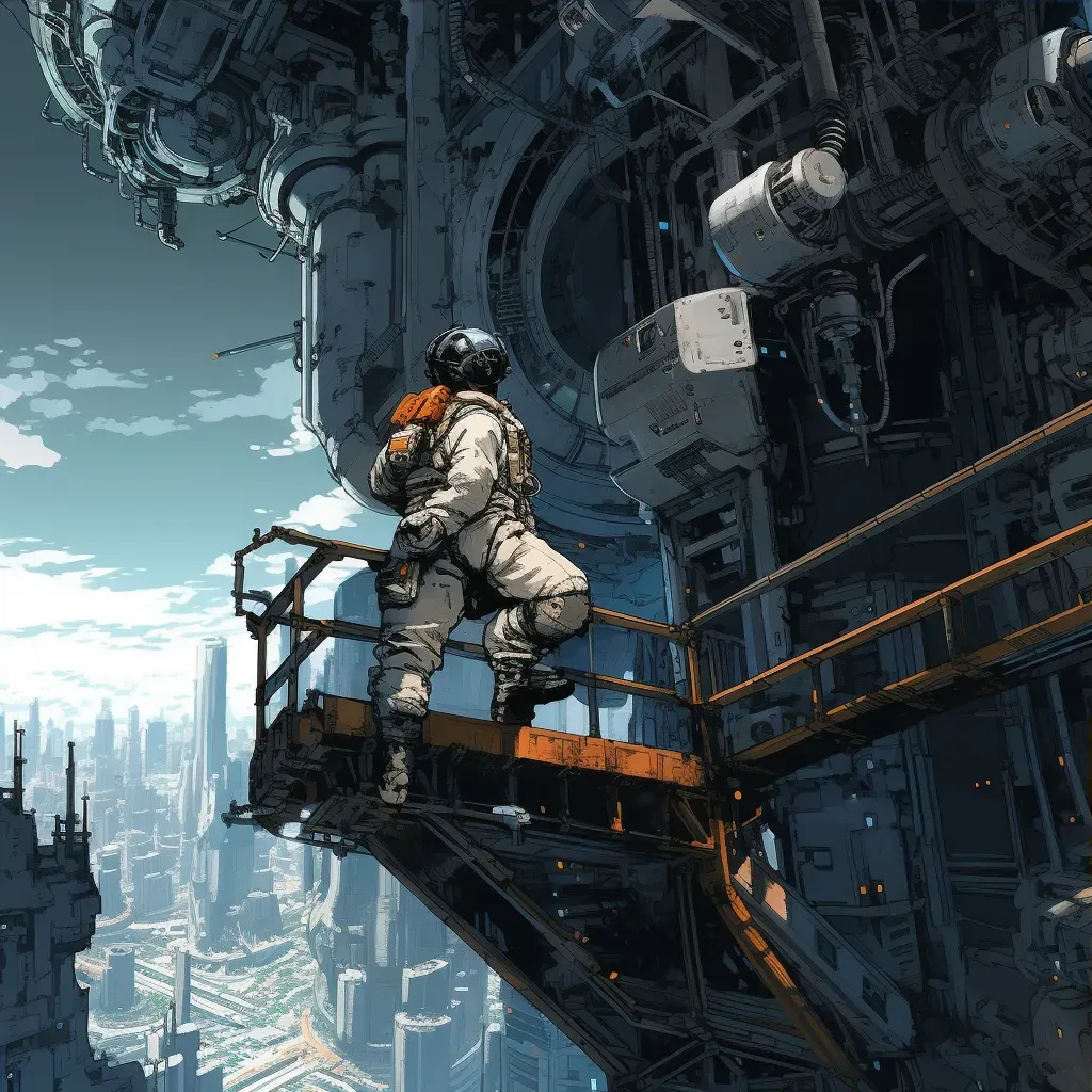 Digital art of an engineer in a mech suit fixing a space elevator cable with Earth in the background - Image 3