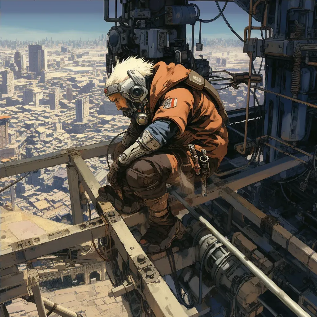 Digital art of an engineer in a mech suit fixing a space elevator cable with Earth in the background - Image 4