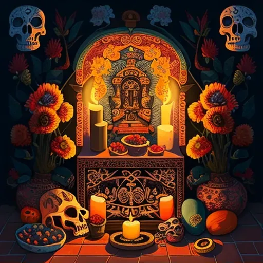 Vibrant Dia de los Muertos altar with marigold flowers and lit candles in Mexico - Image 1