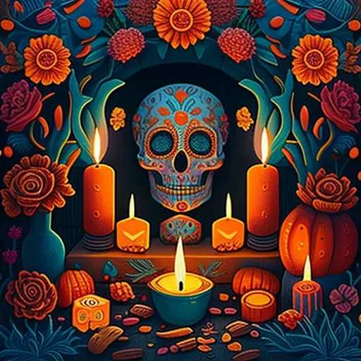 Vibrant Dia de los Muertos altar with marigold flowers and lit candles in Mexico - Image 2