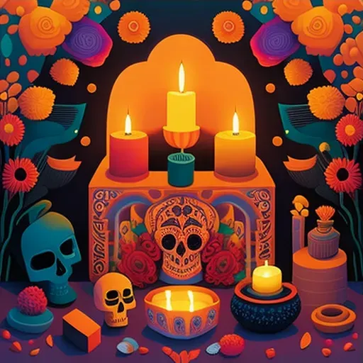 Vibrant Dia de los Muertos altar with marigold flowers and lit candles in Mexico - Image 3