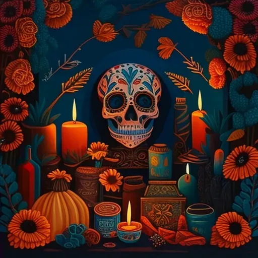 Vibrant Dia de los Muertos altar with marigold flowers and lit candles in Mexico - Image 4