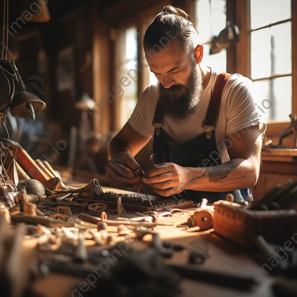 Close-up of artisan assembling traditional boat parts with tools - Image 1